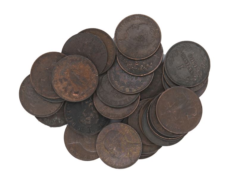 Lotto di 30 Monete da 1 Centesimo Vittorio Emanuele II, Umberto i e Vittorio Emanuele III Regno D...