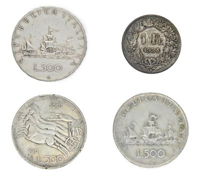 Lotto di 3 Monete da 500 Lire Repubblica Italiana e 1 Franco Svizzero 1934