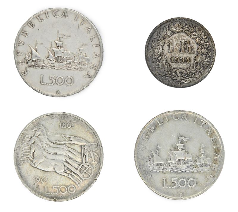 Lotto di 3 Monete da 500 Lire Repubblica Italiana e 1 Franco Svizzero 1934