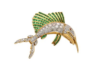 Spilla Marlin in Oro, Brillanti e Smeraldi