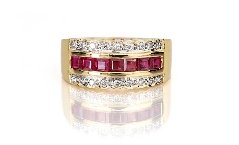 Anello a Fascia in Oro, Brillanti e Rubini