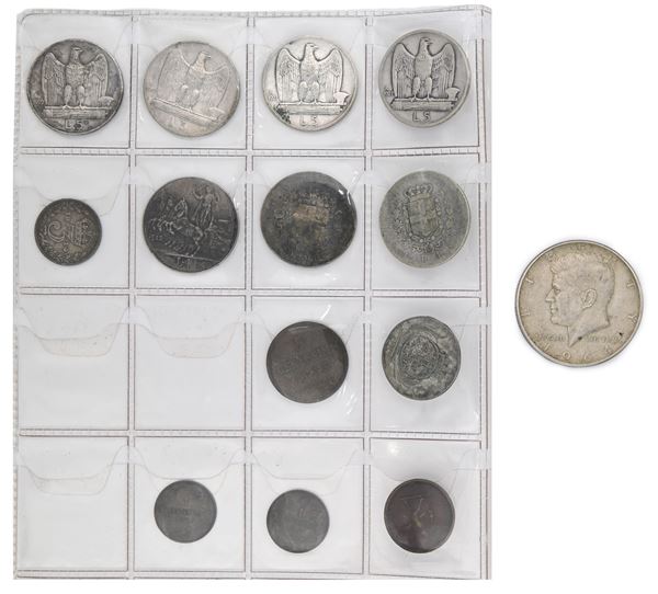 Lotto di monete del Regno d'Italia: 5 Lire 1927 (2) e 1929 (2); 1 Lira 1863 (M e T) e 1913, 1 centesimo 1867M e 1905 Vittorio Emanuele II e Vittorio Emanuele III; 6 Kreuzer 1806 Regno di Württemberg; 3 Pence 1914 Giorgio V Regno Unito; 5 Centesimi 1935 San Marino; 1/2 Dollaro Kennedy 1964 USA e 1 tessera mercantile