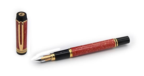 Waterman Ideal Man 100 Patrician rosso corallo - Penna stilografica in vernice marmorizzata e metallo placcato oro