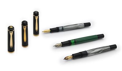 Pelikan M 250 - 3 Penne Stilografiche in Vernice Nera e Verde e Argento Marmorizzato con Particol...
