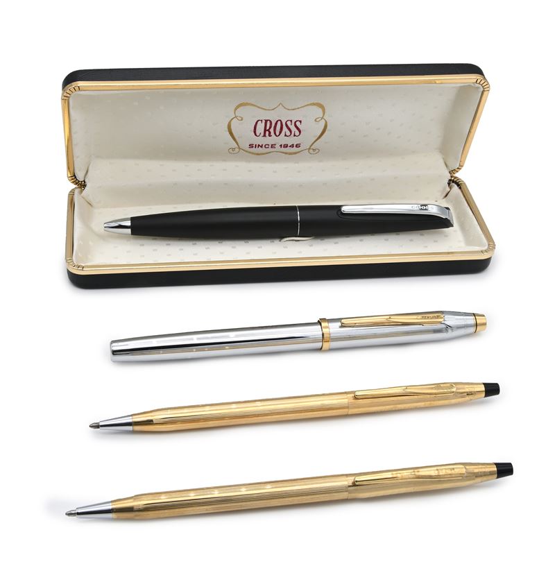 Cross - 2 Penne a Sfera in Metallo Placcato in Oro Giallo 10 Kt; 1 Roller in Acciaio con Particol...
