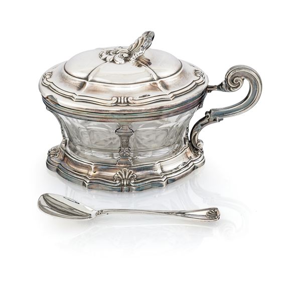 Portaformaggio ovale in argento e cristallo con cucchiaino