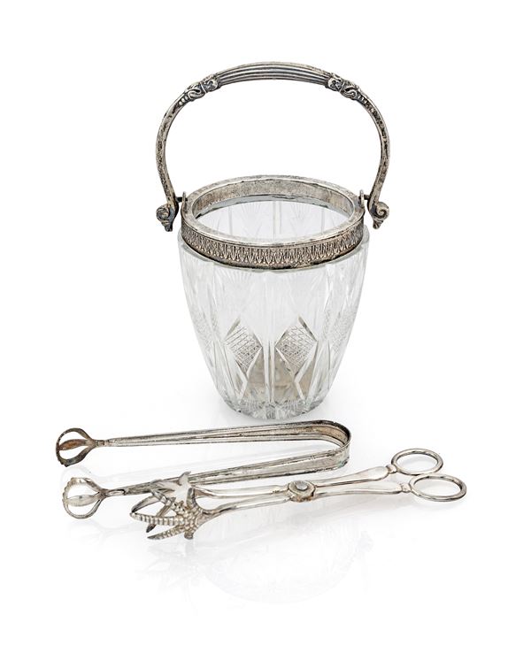 Secchiello portaghiaccio in cristallo e argento con pinza UNITO a pinza a forbice in metallo argentato