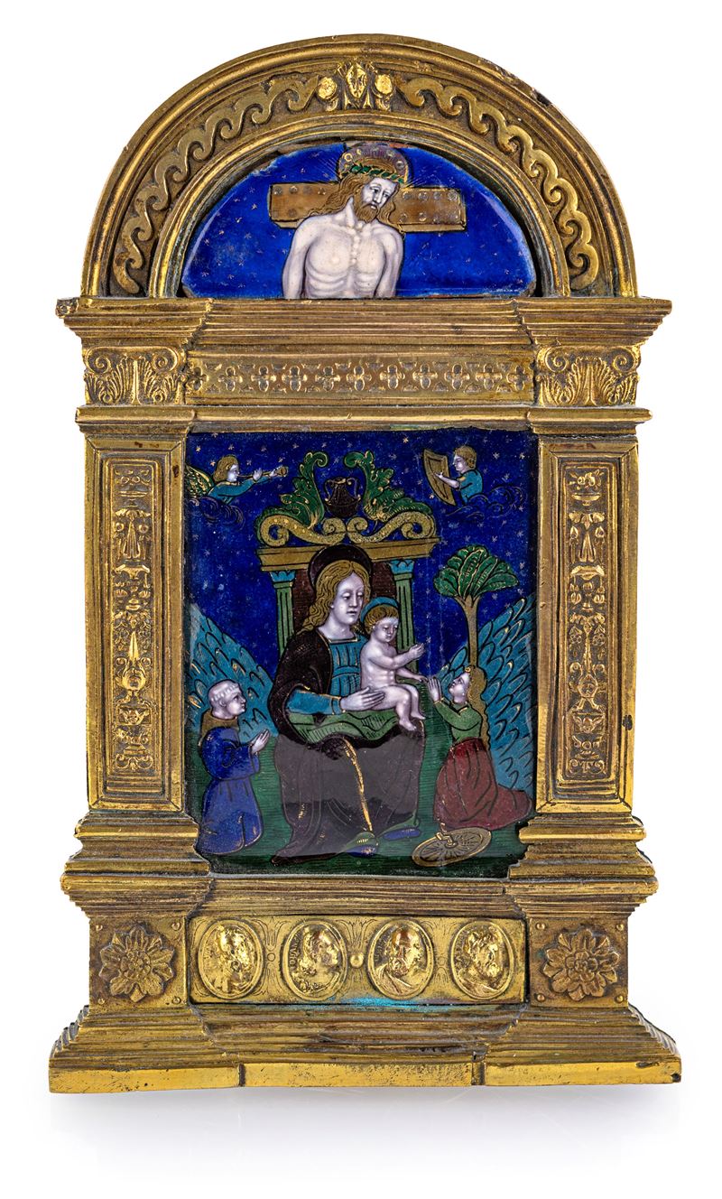 Pace in Rame e Ottone Dorati con Due Placche in Smalto Policromo, Francia, Samson XIX Secolo