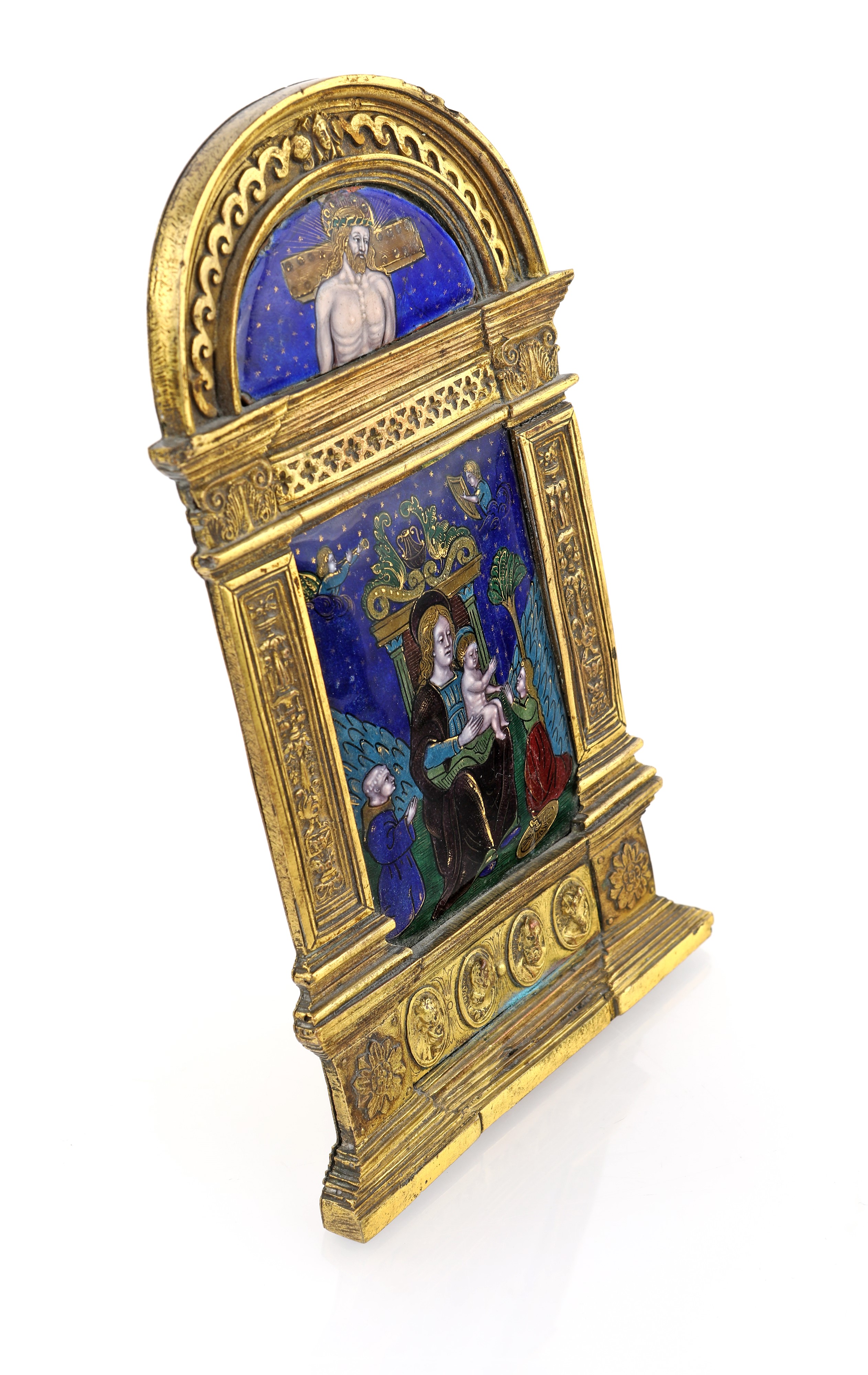 Pace in rame e ottone dorati con due placche in smalto policromo, Francia, Samson XIX secolo