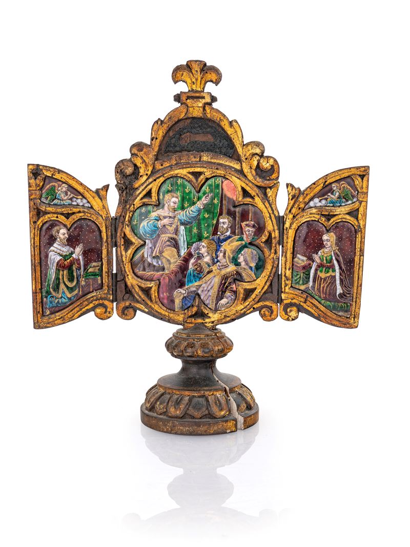 Trittico in Legno con Placche in Rame Smaltato, Francia, Limoges XVI/XVII Secolo