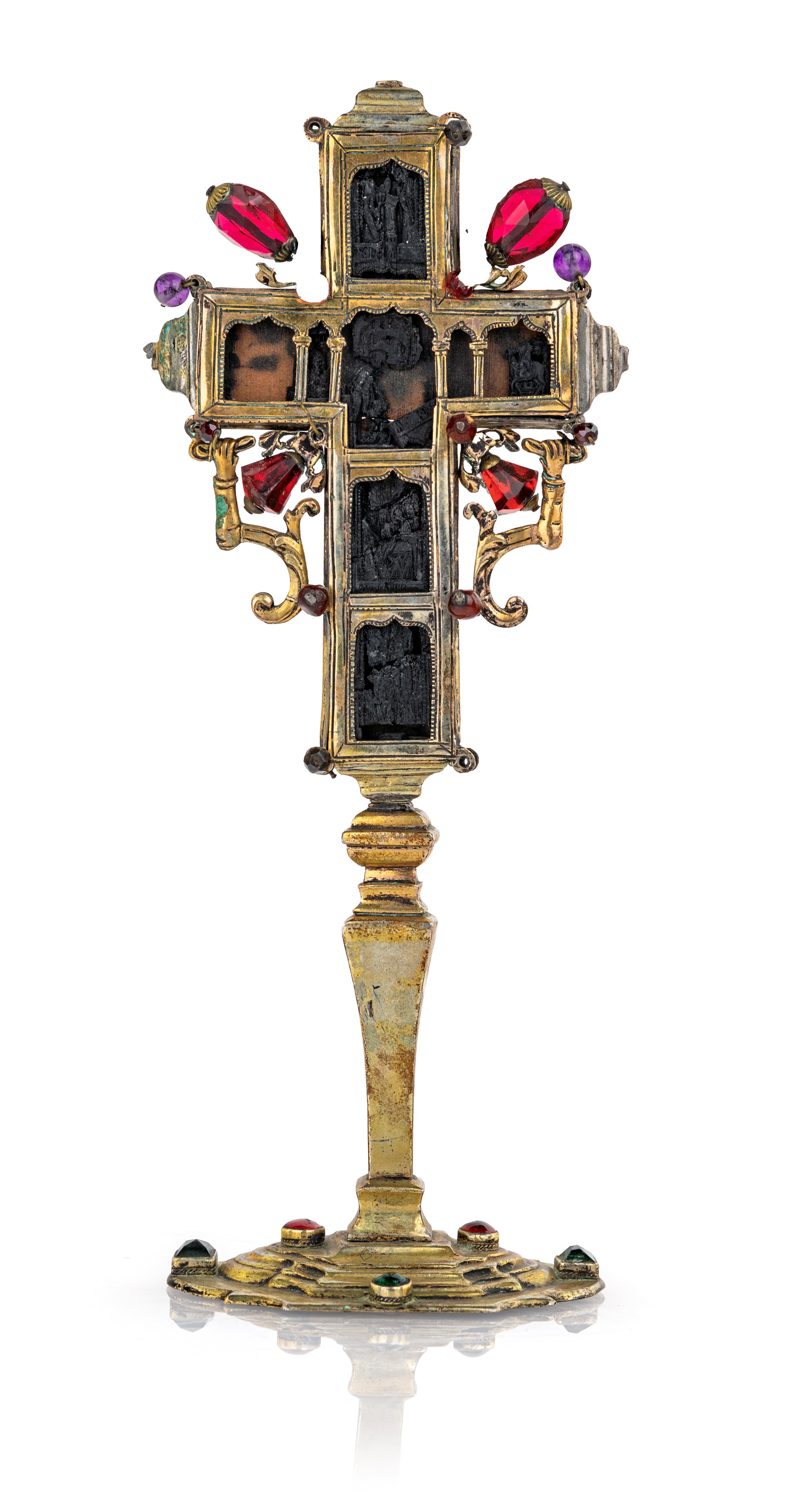 Antica croce del Monte Athos in metallo dorato con gemme multicolore