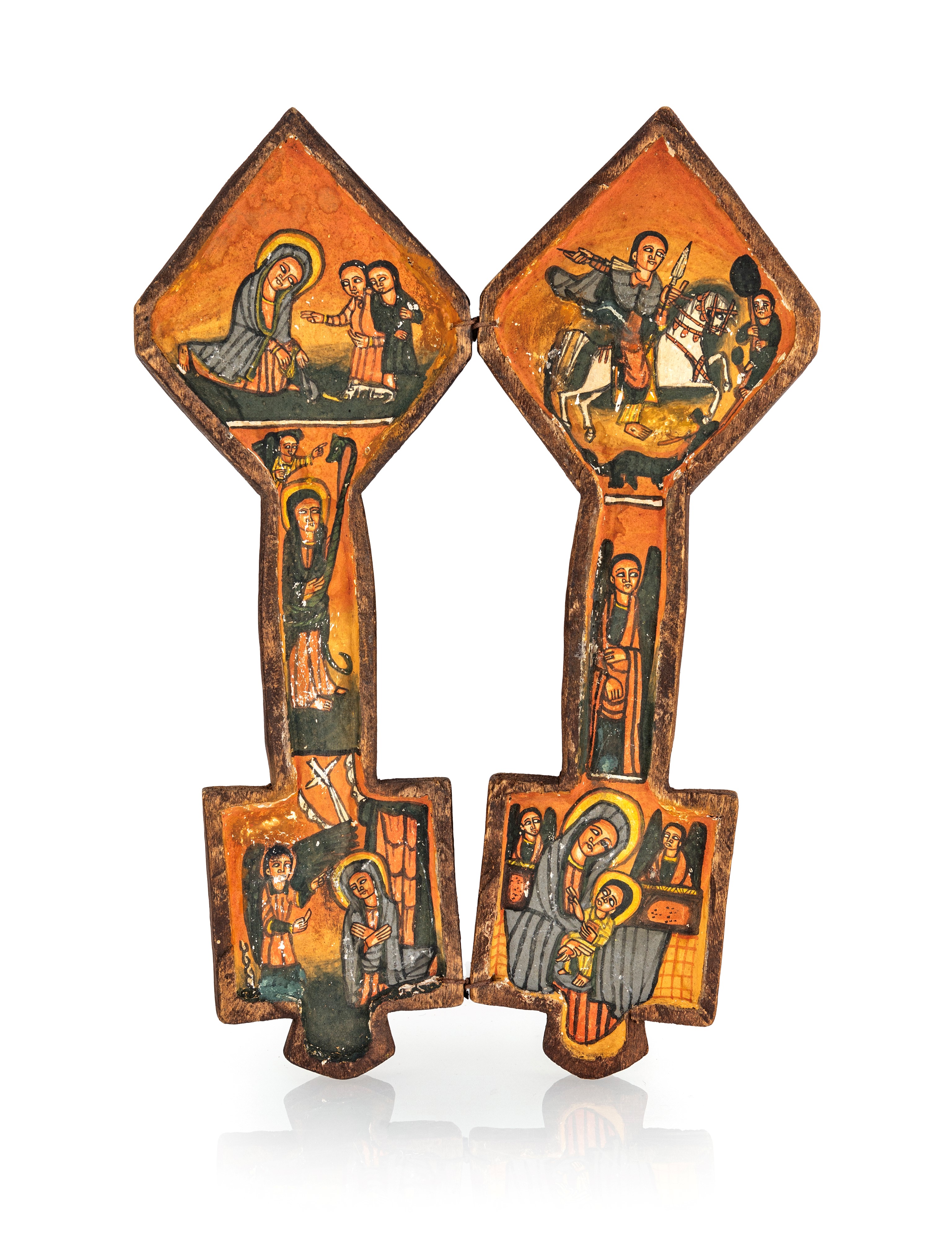 Due icone da viaggio: dittico e altarolo ortodosso in legno dipinto, Etiopia, XX secolo