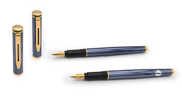 Waterman - 2 Penne stilografiche in metallo smaltato con finiture dorate