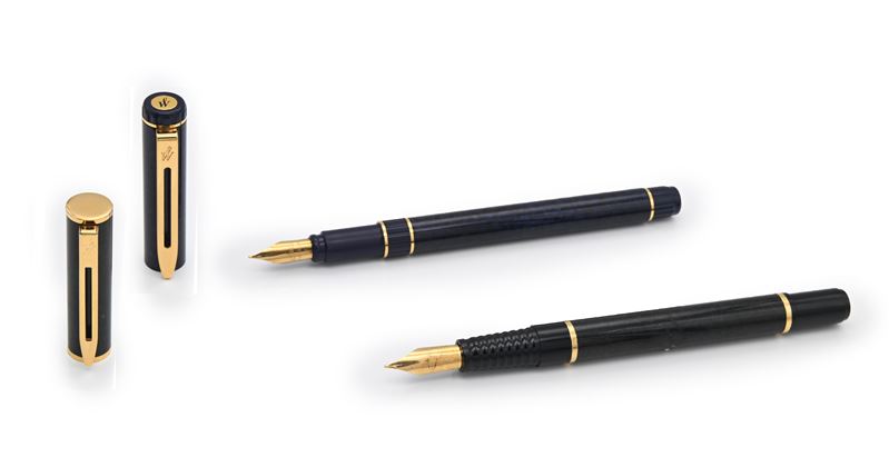Waterman - 2 Penne Stilografiche in Metallo Smaltato con Finiture Dorate