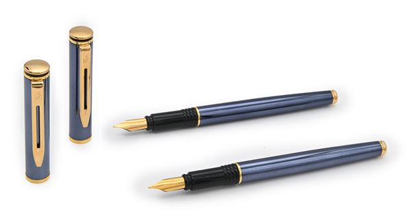 Waterman - 2 Penne stilografiche in metallo smaltato con finiture dorate