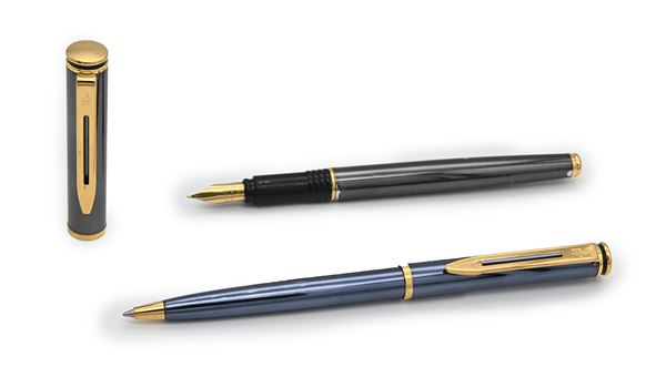 Waterman - Penna stilografica e penna a sfera in metallo smaltato con finiture dorate