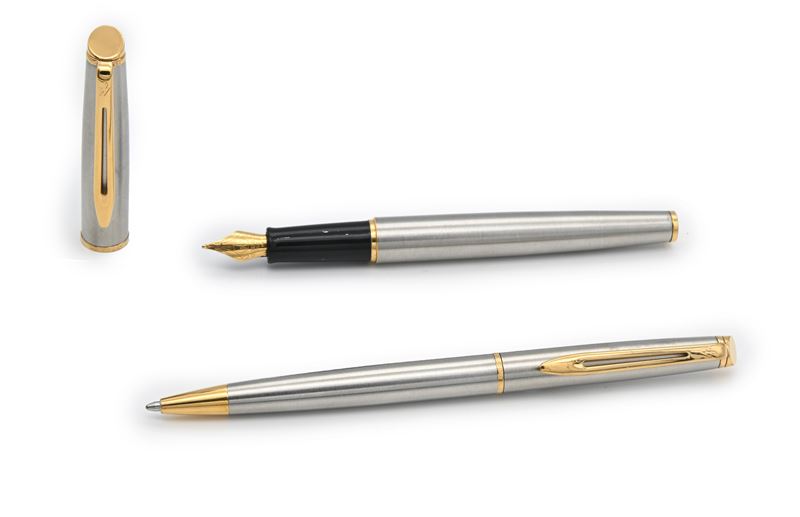 Waterman - Penna Stilografica e Penna a Sfera in Metallo Satinato con Finiture in Metallo Dorato