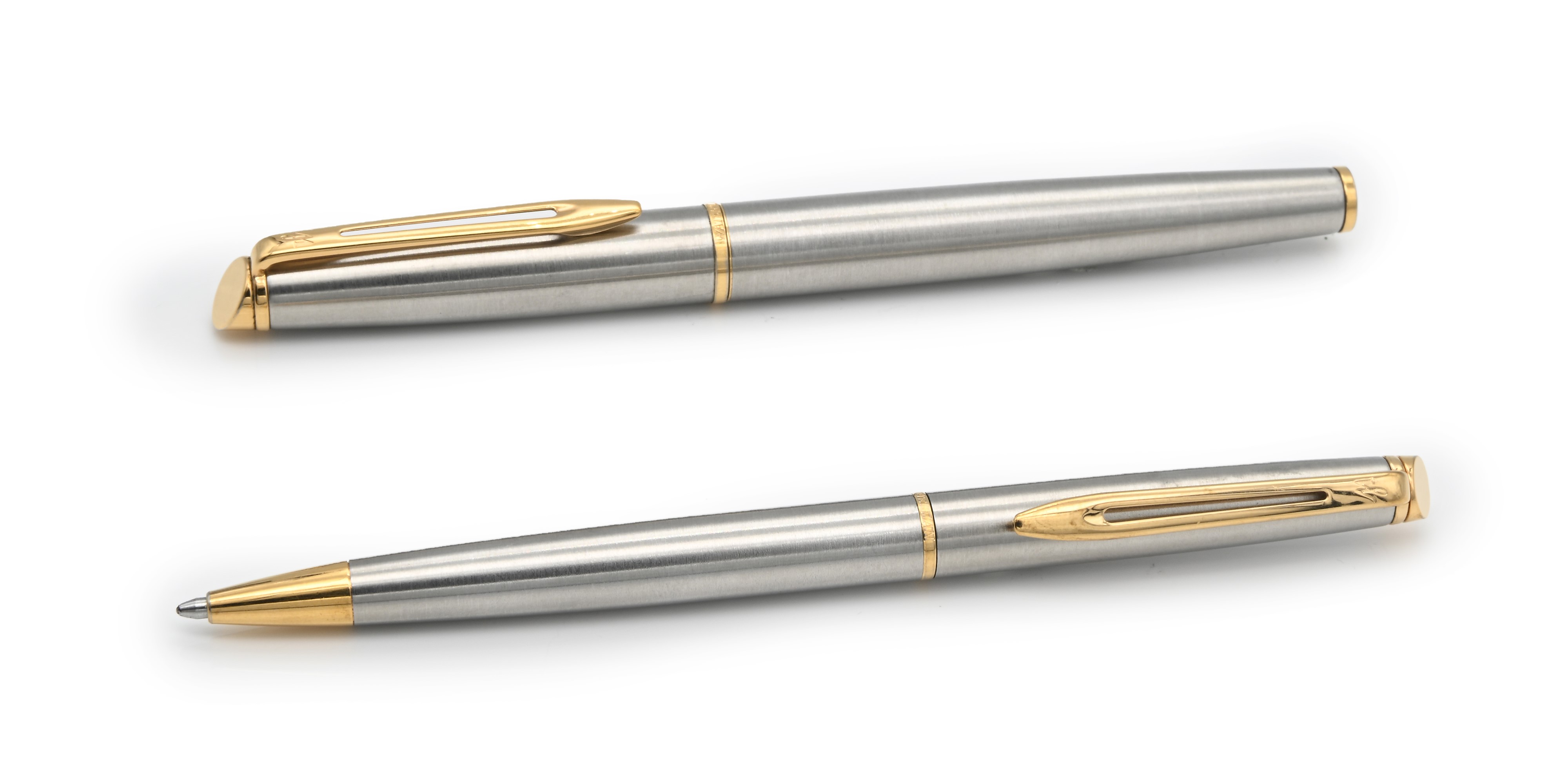 Waterman - Penna Stilografica e Penna a Sfera in Metallo Satinato con Finiture in Metallo Dorato