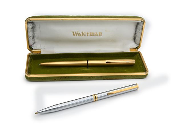Waterman - Penna a sfera vintage in metallo placcato in oro giallo e Penna a sfera in acciaio con particolari dorati