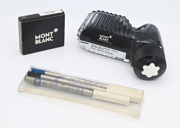 Montblanc - Confezione da 6 cartucce inchiostro nero; 3 Giant Refill (2 blu 1 nero); Flacone inchiostro nero (iniziato)