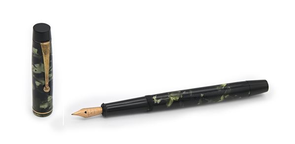 Onoto De La Rue - Penna stilografica vintage in celluloide marmorizzata con particolari dorati 