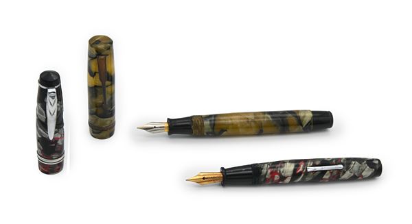 Excelsior Bayard e Reform - 2 Penne stilografiche in celluloide marmorizzata con particolari in metallo (difetti e rotture)