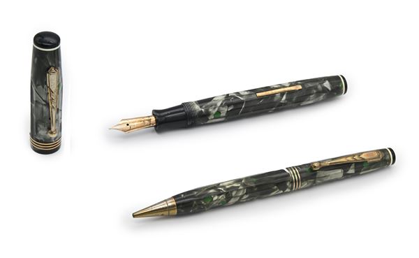 Parker Parkette Deluxe - Penna stilografica e Portamine vintage in celluloide marmorizzata con particolari in metallo dorato