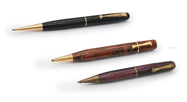 3 Portamine vintage: Bayard 275; Pyne Poynt Pat 345712; Dacis Avr in ebanite e celluloide con particolari dorati