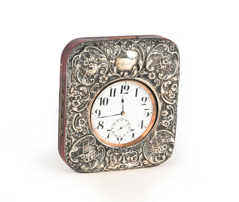 Porta Orologio in Legno Rivestito in Velluto e Lamina D'argento Sterling Birmingham 1903 con All'...