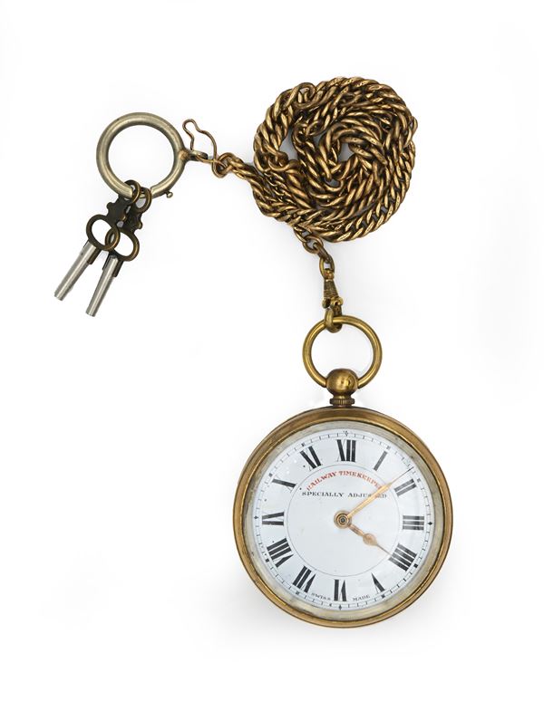 Railway Timekeeper - Orologio svizzero da tasca con carica a chiavetta. Meccanismo Roskopf ad ancora per il mercato americano. Cassa in metallo dorato con catena in metallo dorato e 2 chiavette