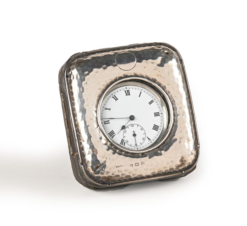 Porta Orologio in Legno Rivestito in Velluto e Lamina D'argento Sterling Birmingham 1911 con All'...