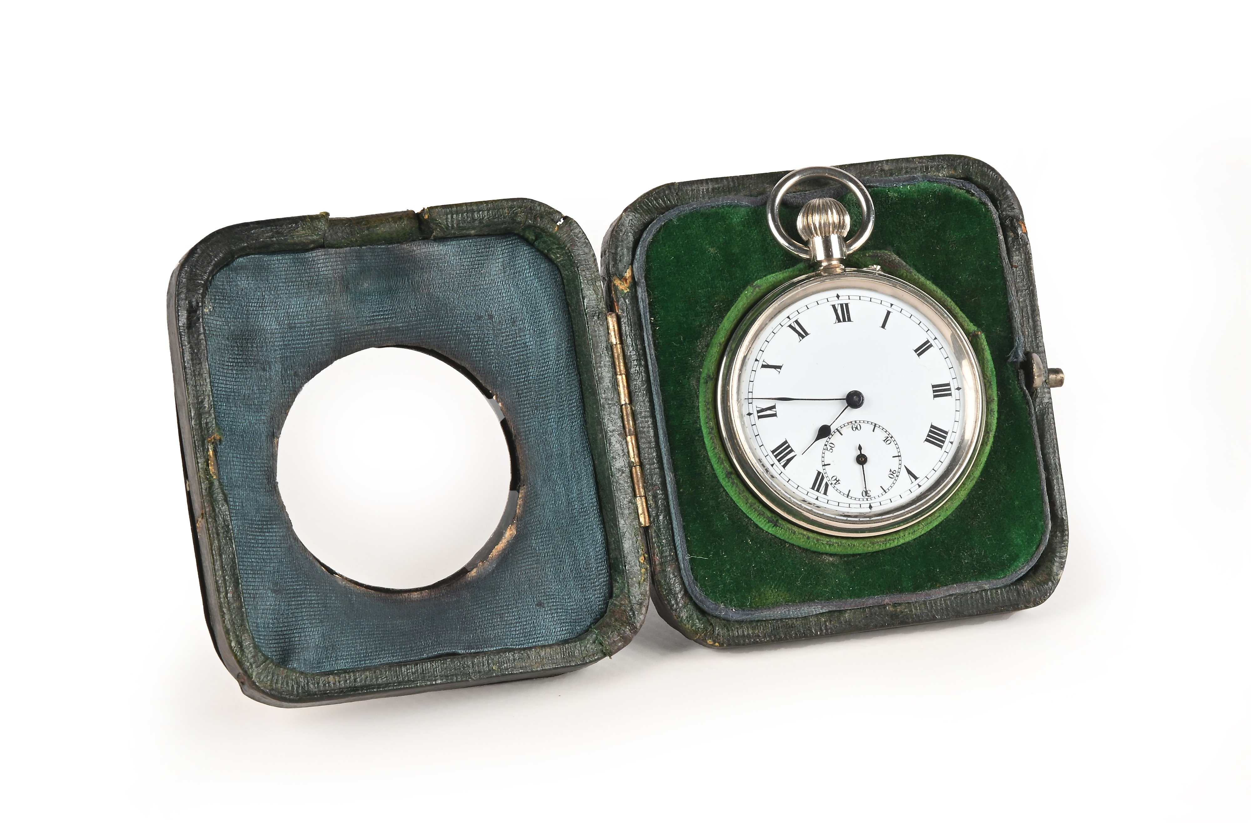 Porta orologio in legno rivestito in velluto e lamina d'argento sterling Birmingham 1911 con all'...