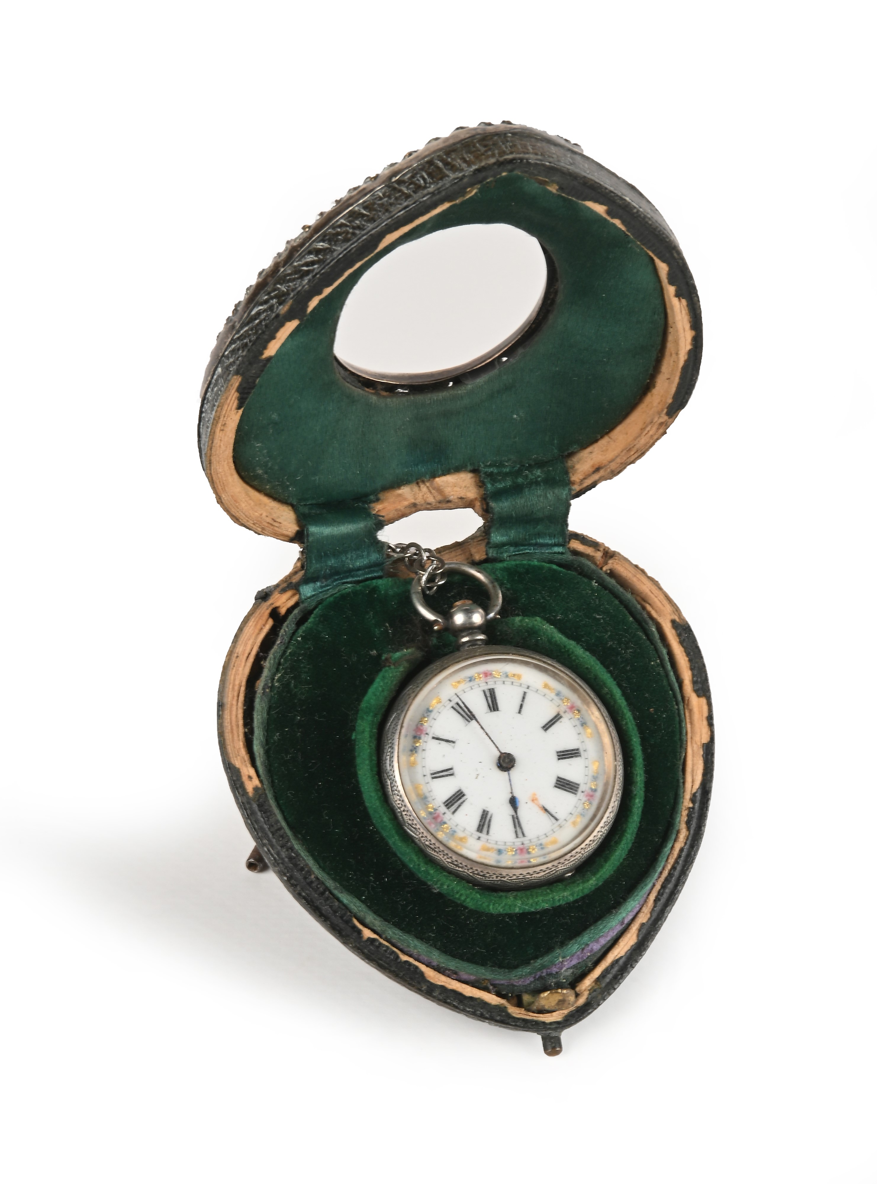 Porta orologio a forma di cuore in legno rivestito in velluto e lamina d'argento sterling Birming...