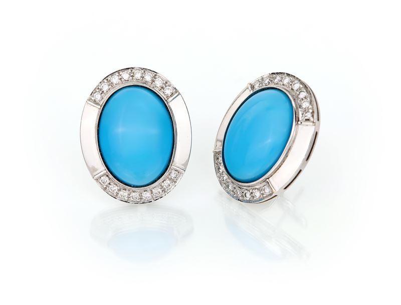 Coppia di Orecchini in Oro, Turchese e Brillanti