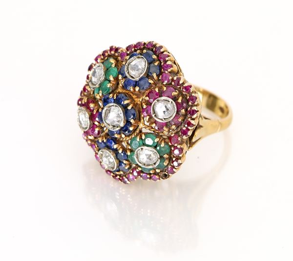 Anello a fiore multicolor, diamanti, zaffiri, smeraldi e rubini