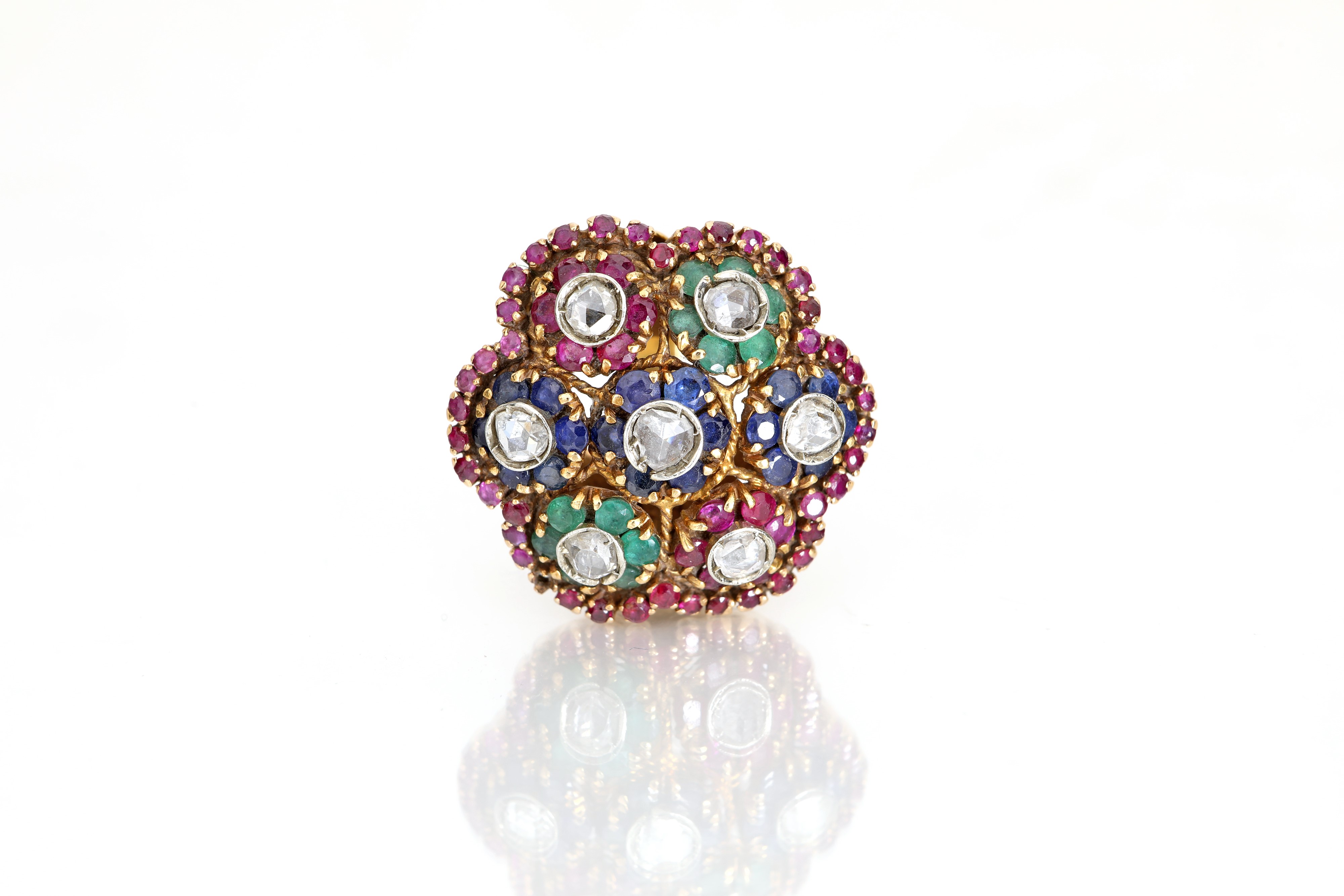 Anello a Fiore Multicolor, Diamanti, Zaffiri, Smeraldi e Rubini