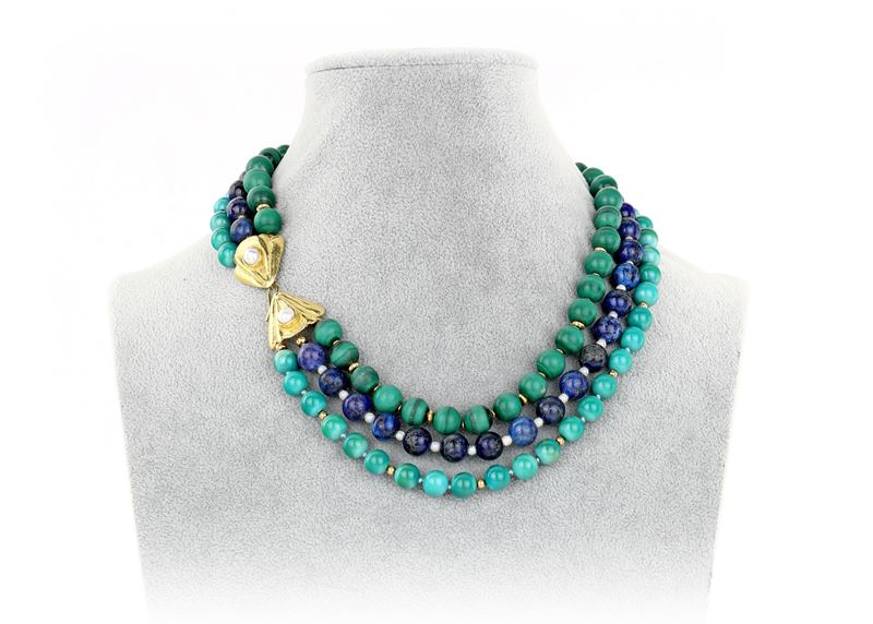 Collana in Malachite, Lapislazzuli Turchese e Oro