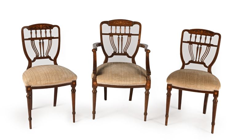 Poltroncina con Balaustrini Intarsiata e Coppia di Sedie En Suite