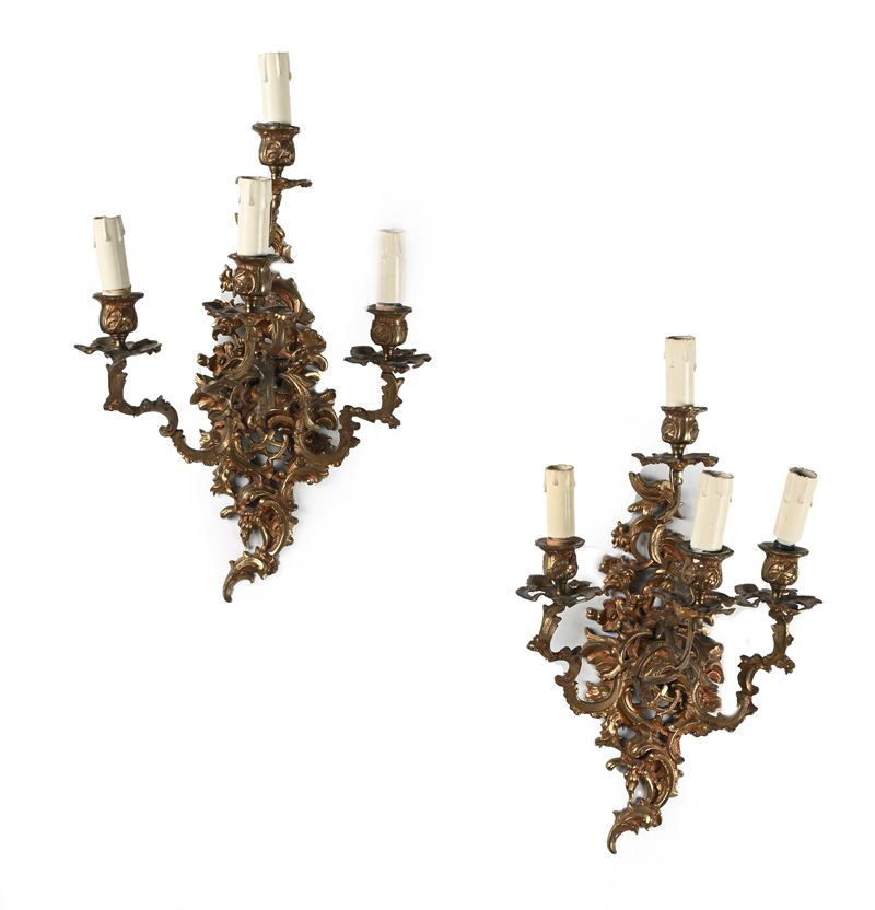 Coppia di Appliques in Bronzo Dorato a Quattro Luci