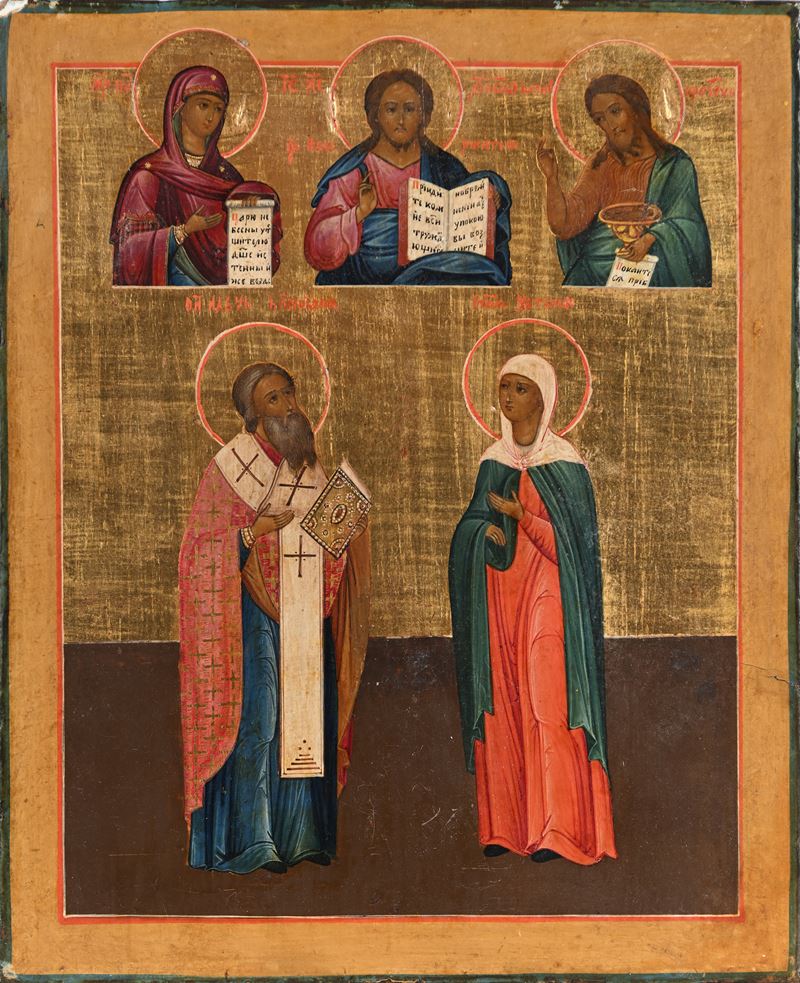 Iconografo Russo del XIX Secolo - Deisis Fondo Oro con Due Figure di Santi
