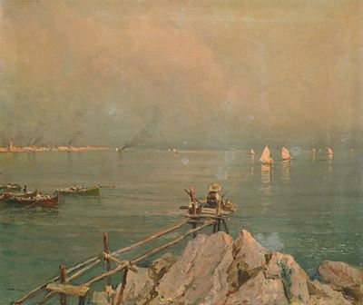 Marina con Pescatore e Barche