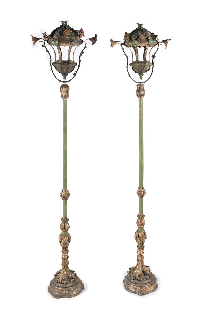 Coppia di Lanterne in Tolla Dipinta e Legno Laccato, Venezia, XVIII/XIX Secolo