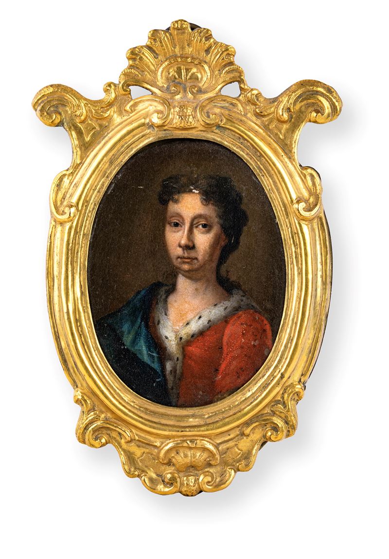 Pittore del XVIII Secolo - Nobildonna in Abito Rosso Bordato di Ermellino