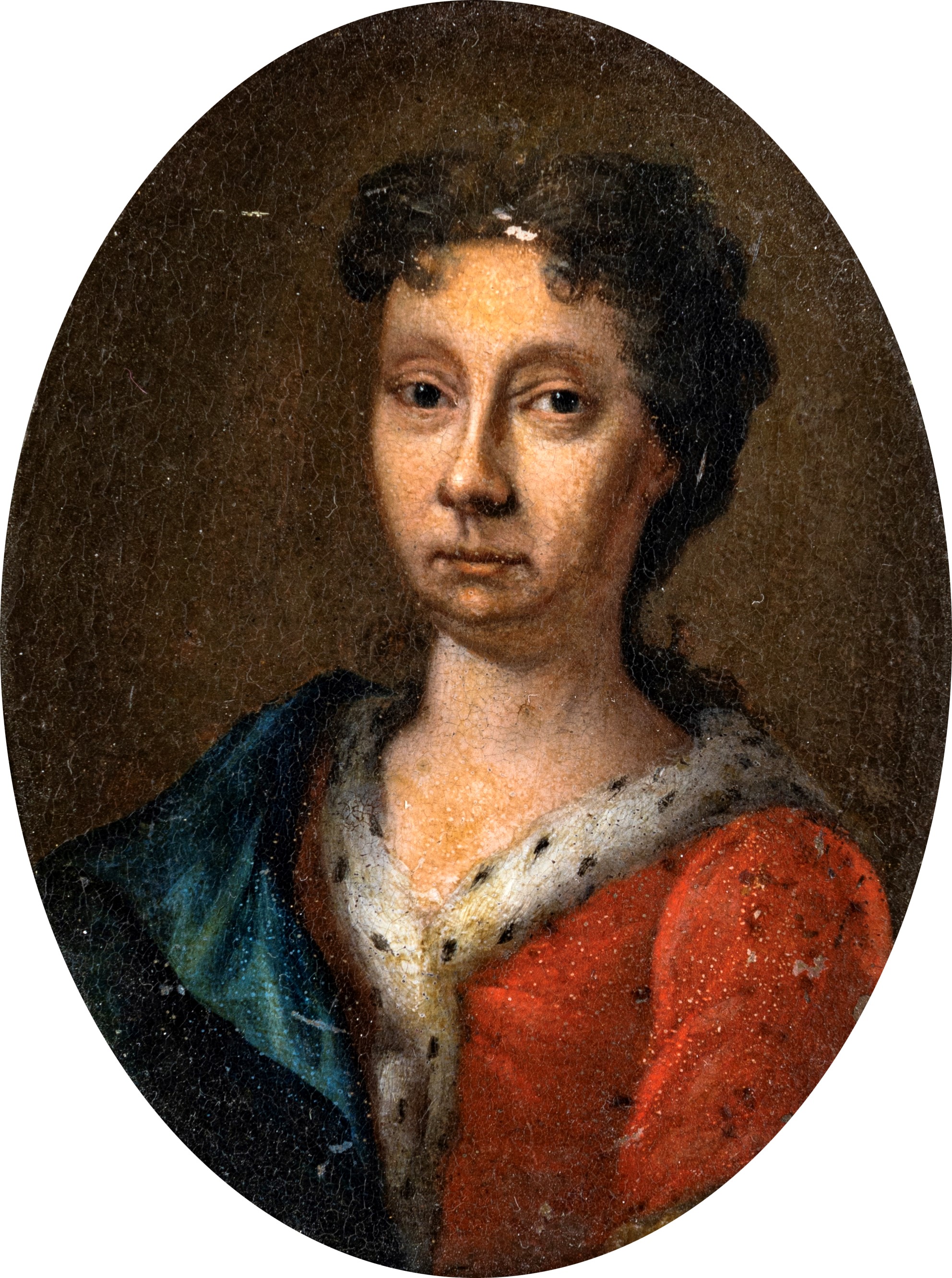 Pittore del XVIII Secolo - Nobildonna in Abito Rosso Bordato di Ermellino