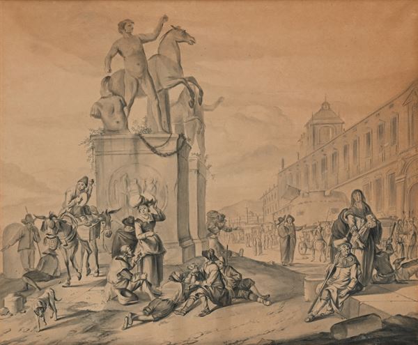 Scuola Romana del XVIII secolo - Veduta di Piazza del Quirinale da Johannes Lingelbach