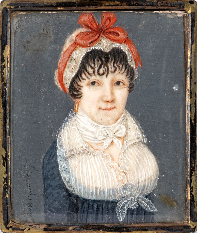 Miniaturista del XIX Secolo - Ritratto di Gentildonna con Cuffia di Merletto e Nastro Rosso