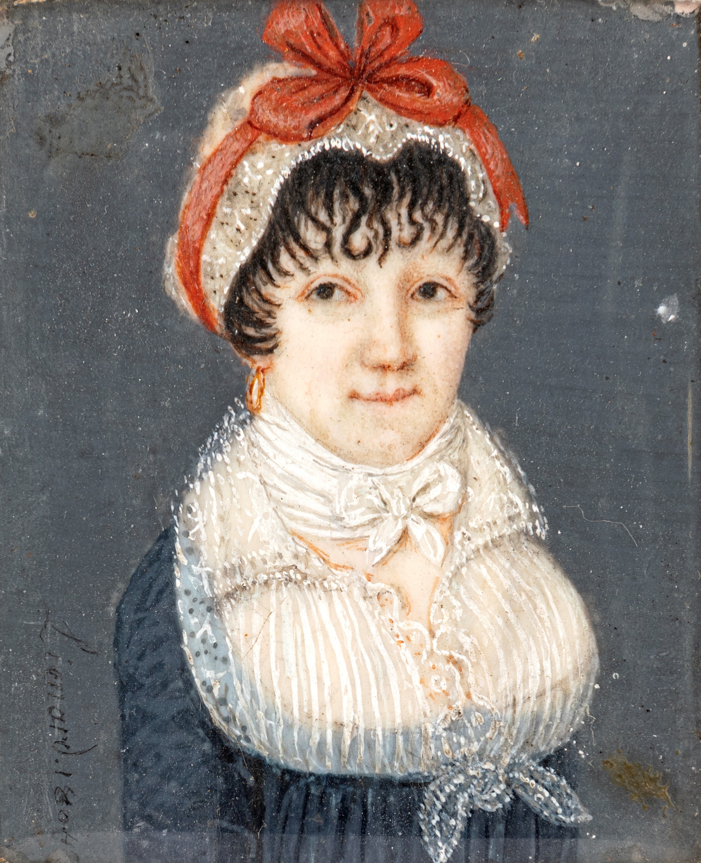 Miniaturista del XIX Secolo - Ritratto di Gentildonna con Cuffia di Merletto e Nastro Rosso