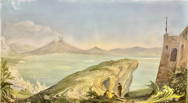 Enrico D'Assia : Veduta del Golfo di Napoli col Vesuvio  - olio su muro - Asta Asta a Tempo - Antiquariato: Arredi, Dipinti, Oggetti d'Arte, Arte Orientale. - Casa d'Aste Arcadia