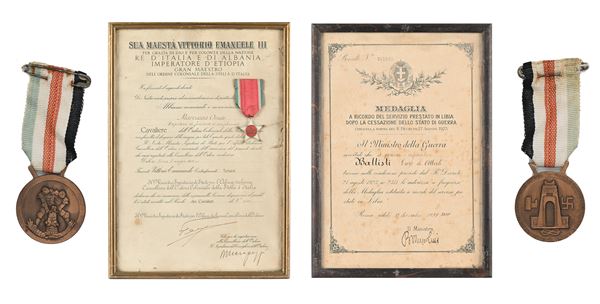 Insegna da Cavaliere dell'Ordine coloniale della Stella d'Italia in metallo dorato e smaltato con nastrino e Diploma allegato; Medaglia in bronzo con nastrino della Campagna Italo Tedesca in Africa; Diploma della Medaglia a ricordo del Servizio prestato in Libia