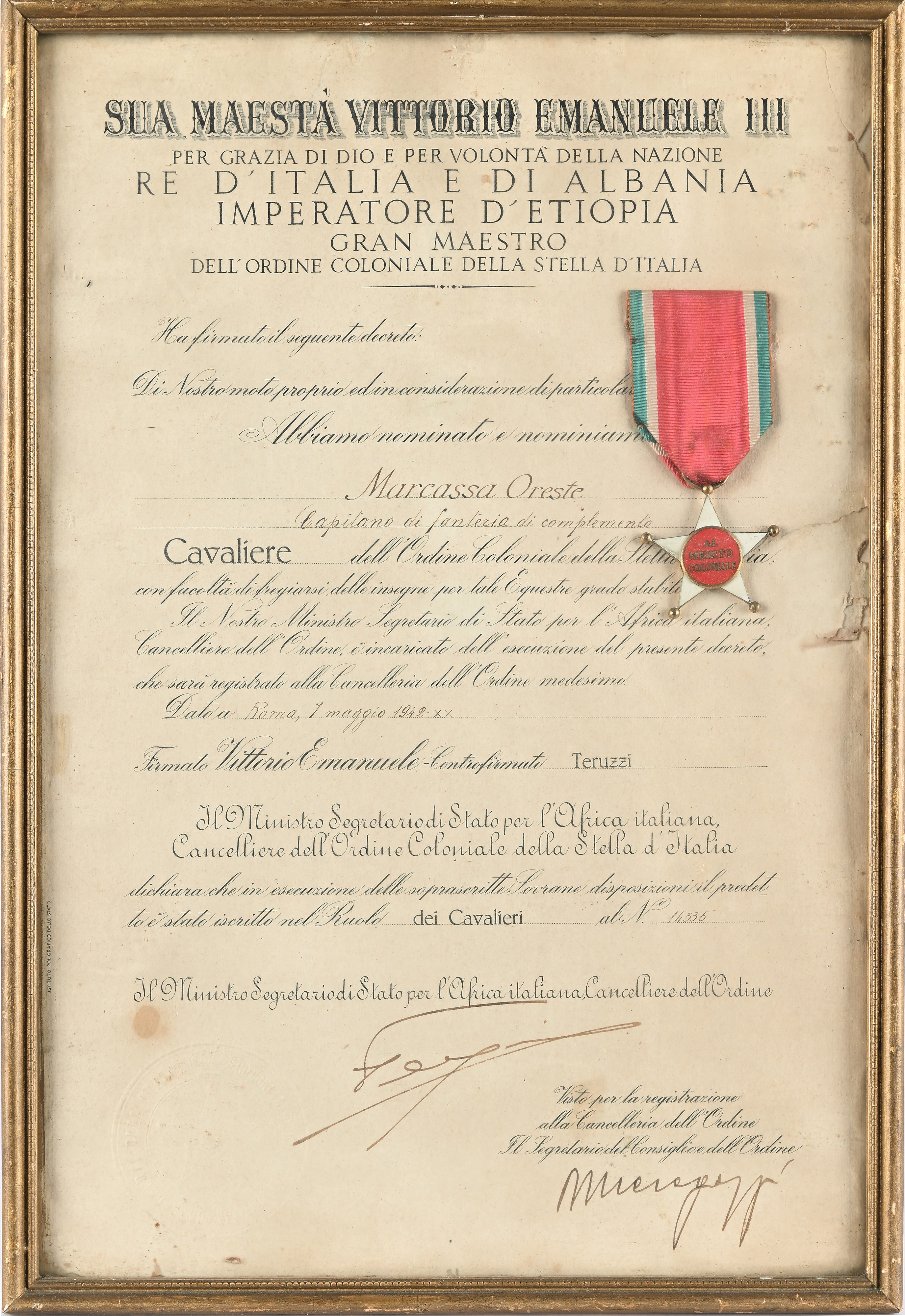 Insegna da Cavaliere Dell'ordine Coloniale della Stella D'italia in Metallo Dorato e Smaltato con...